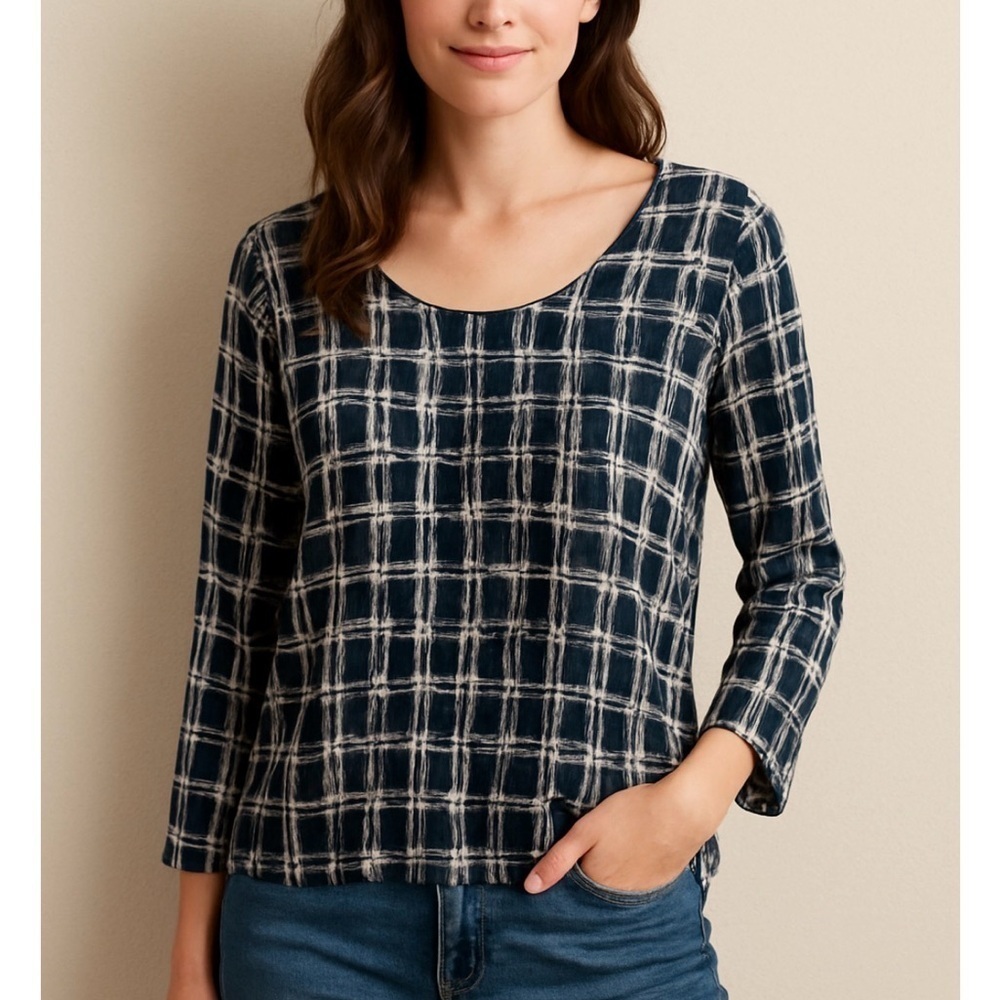 Garnet Hill Silk Cotton Blend Scoop Neck Lightweight Blue Black Blouse Top MED